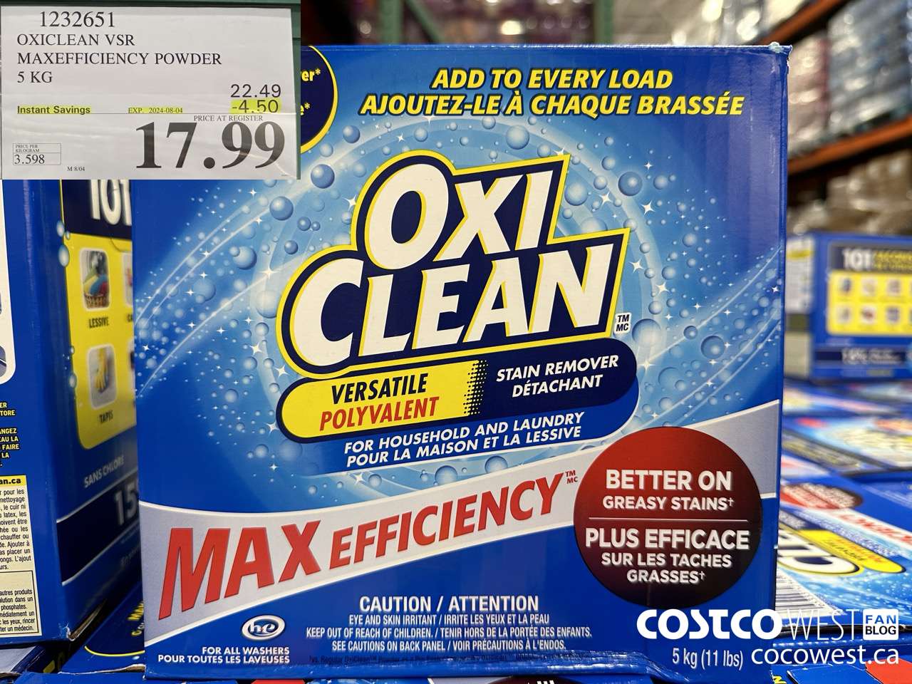 1232651 OXICLEAN VSR MAXEFFICIENCY POWDER 5 KG ($4.50 INSTANT SAVINGS EXPIRES ON 2024-08-04) $17.99