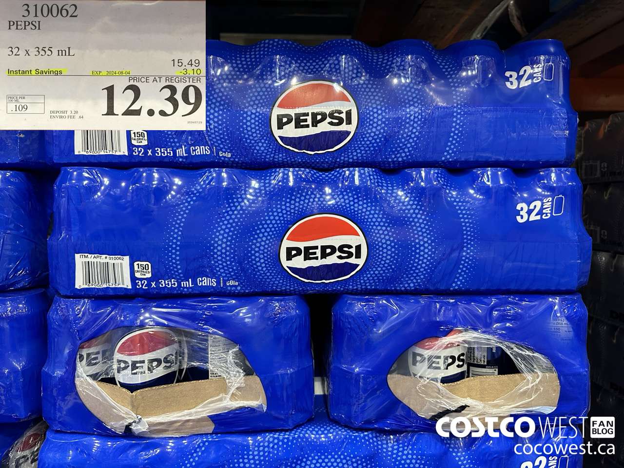 310062 PEPSI 32 X 355 ML ($3.10 INSTANT SAVINGS EXPIRES ON 2024-08-04) $12.39
