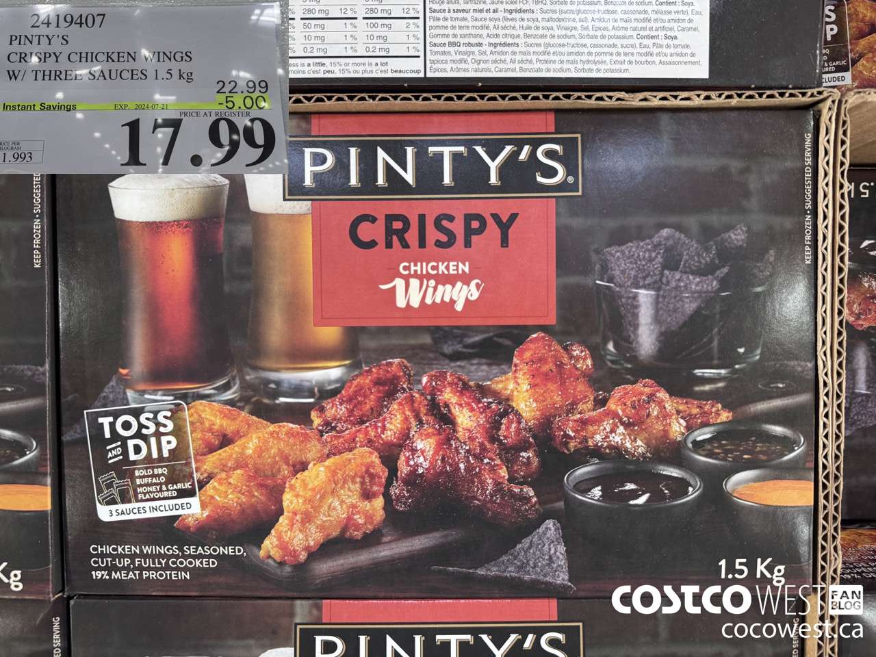 2419407 PINTY'S CRISPY CHICKEN WINGS W/ THREE SAUCES 1.5KG ($5.00 INSTANT SAVINGS EXPIRES ON 2024-07-21) $17.99