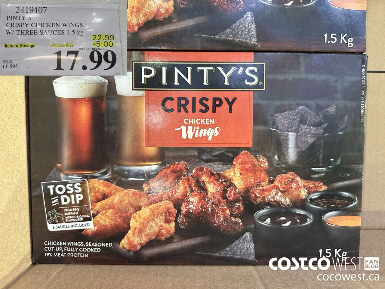 2419407 PINTY'S CRISPY CHICKEN WINGS W/ THREE SAUCES 1.5KG ($5.00 INSTANT SAVINGS EXPIRES ON 2024-07-21) $17.99