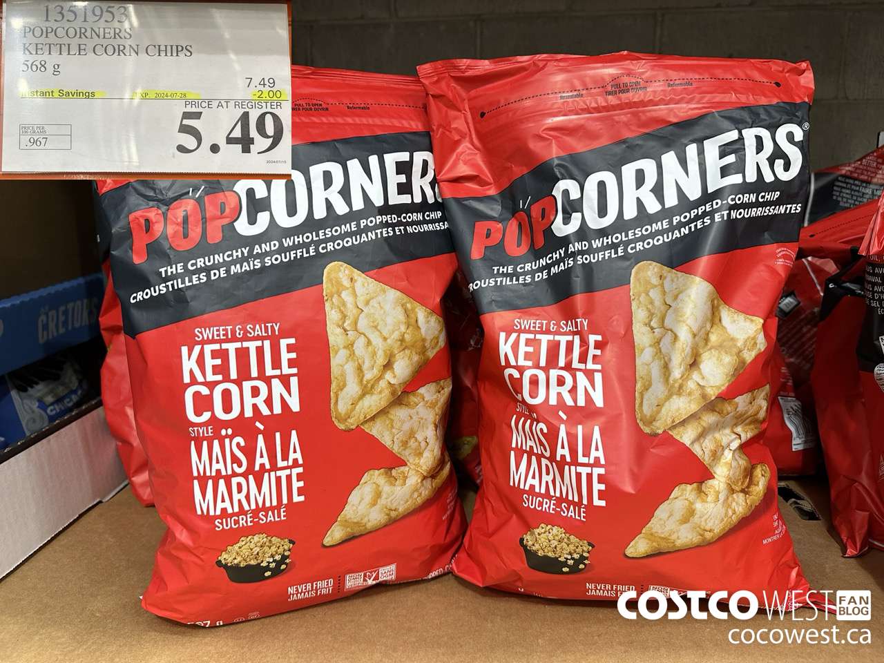 1351953 POPCORNERS KETTLE CORN CHIPS 568 g ($2.00 INSTANT SAVINGS EXPIRES ON 2024-07-28) $5.49