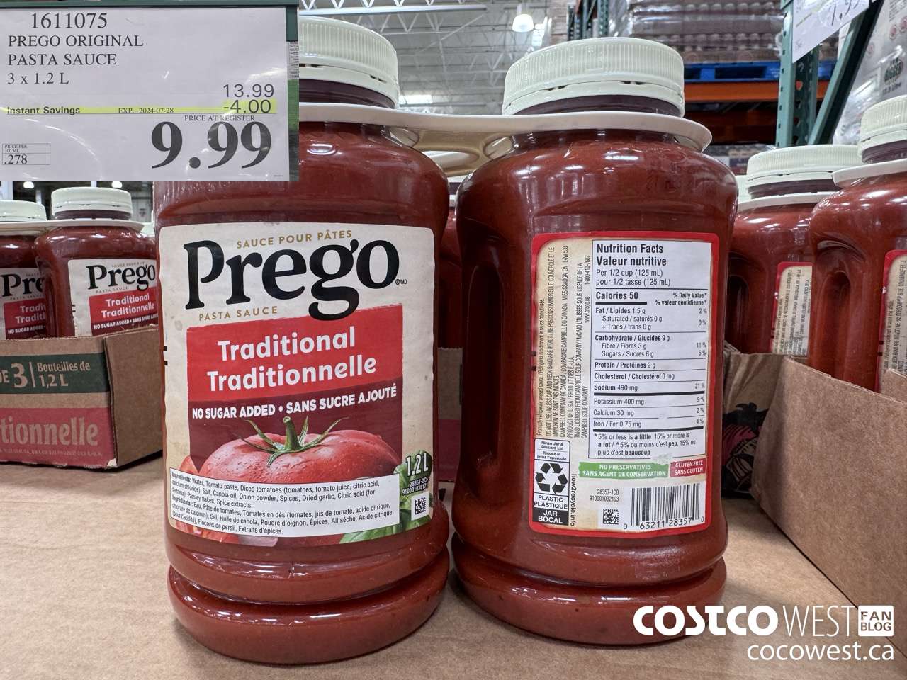 1611075 PREGO ORIGINAL PASTA SAUCE 3 X 1.2 L ($4.00 INSTANT SAVINGS EXPIRES ON 2024-07-28) $9.99