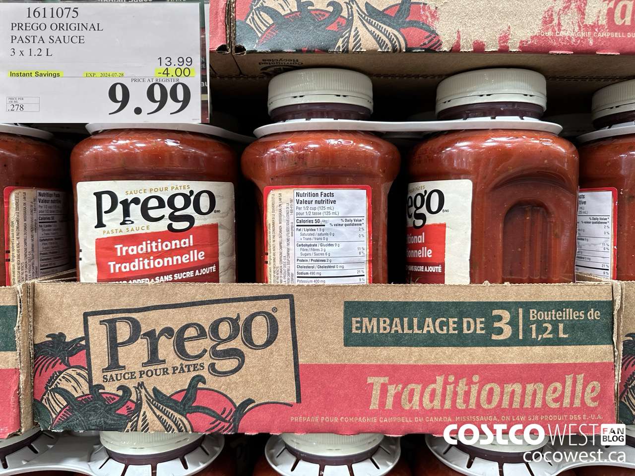 1611075 PREGO ORIGINAL PASTA SAUCE 3 X 1.2 L ($4.00 INSTANT SAVINGS EXPIRES ON 2024-07-28) $9.99