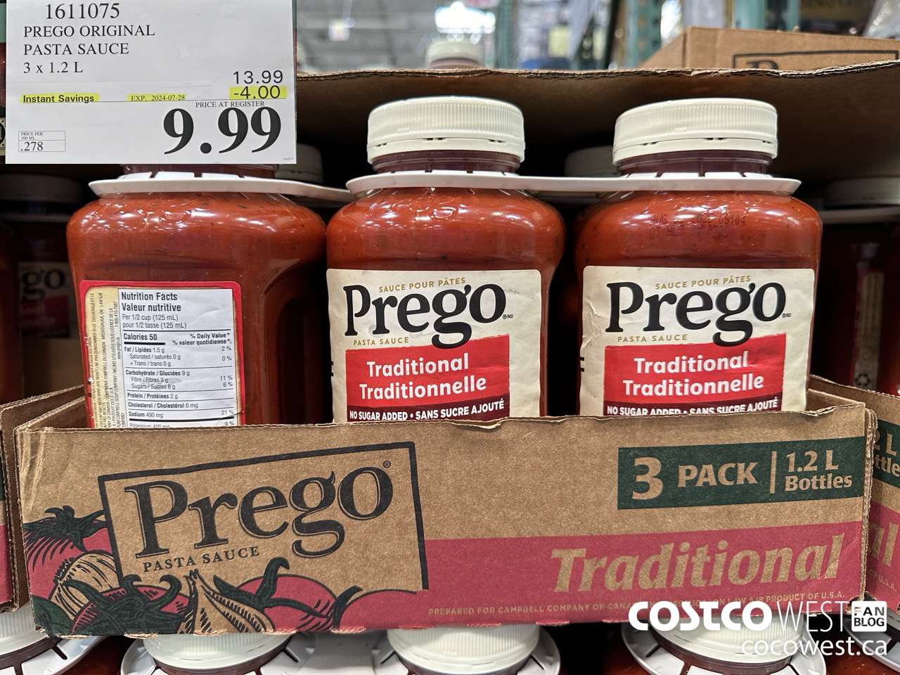 1611075 PREGO ORIGINAL PASTA SAUCE 3 X 1.2 L ($4.00 INSTANT SAVINGS EXPIRES ON 2024-07-28) $9.99