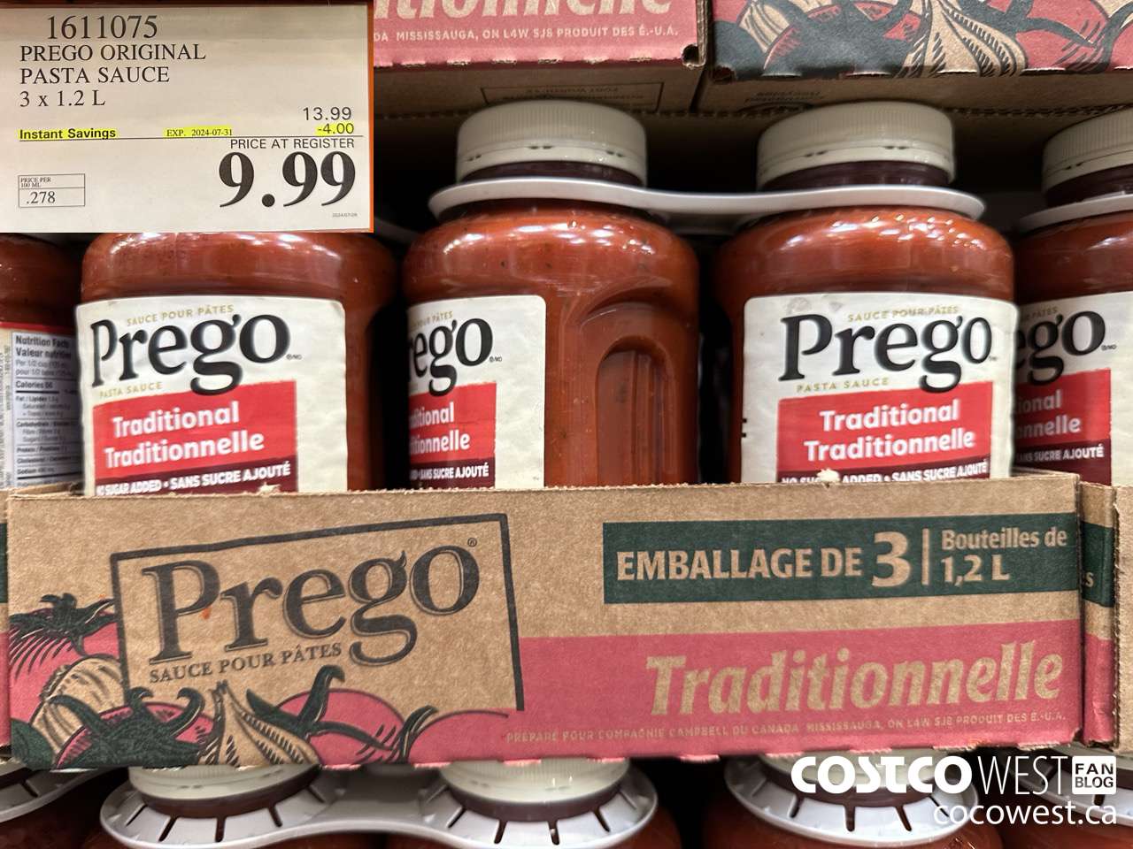 1611075 PREGO ORIGINAL PASTA SAUCE 3 X 1.2 L ($4.00 INSTANT SAVINGS EXPIRES ON 2024-07-31) $9.99