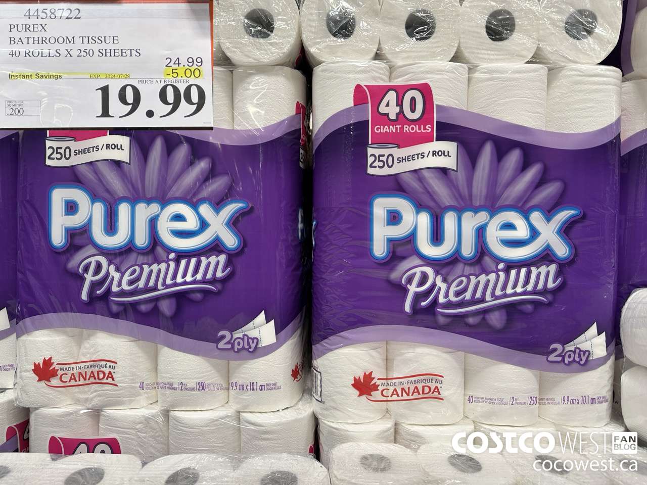 4458722 PUREX BATHROOM TISSUE 40 ROLLS X 250 SHEETS ($5.00 INSTANT SAVINGS EXPIRES ON 2024-07-28) $19.99