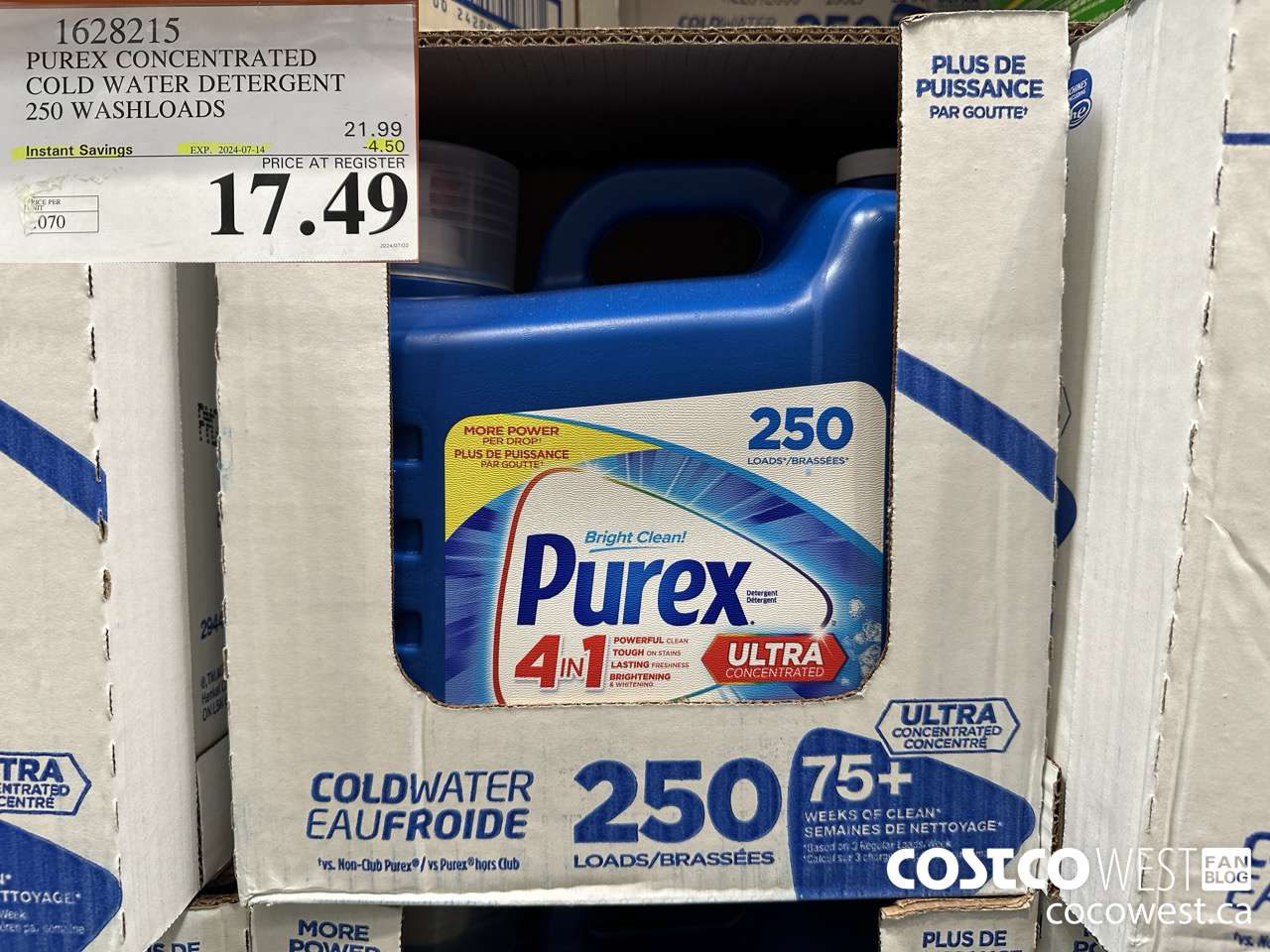 1628215 PUREX CONCENTRATED COLD WATER DETERGENT 250 WASHLOADS ($4.50 INSTANT SAVINGS EXPIRES ON 2024-07-14) $17.49
