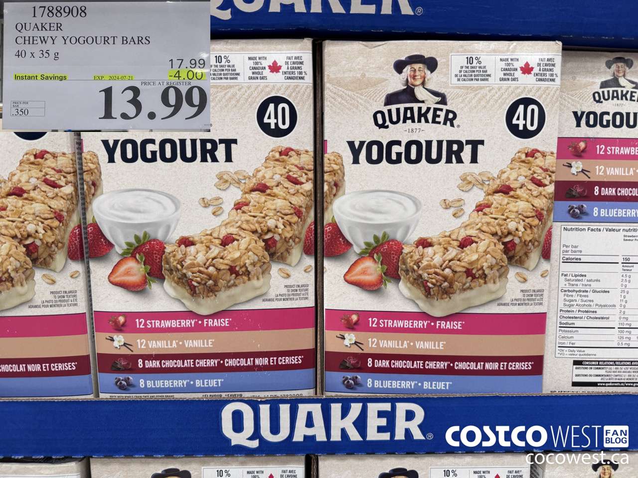 1788908 QUAKER CHEWY YOGOURT BARS 40 X 35 G ($4.00 INSTANT SAVINGS EXPIRES ON 2024-07-21) $13.99