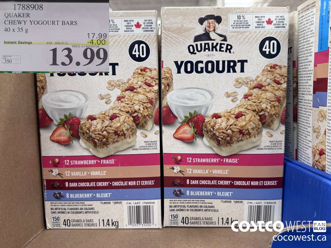 1788908 QUAKER CHEWY YOGOURT BARS 40 X 35 G ($4.00 INSTANT SAVINGS EXPIRES ON 2024-07-21) $13.99
