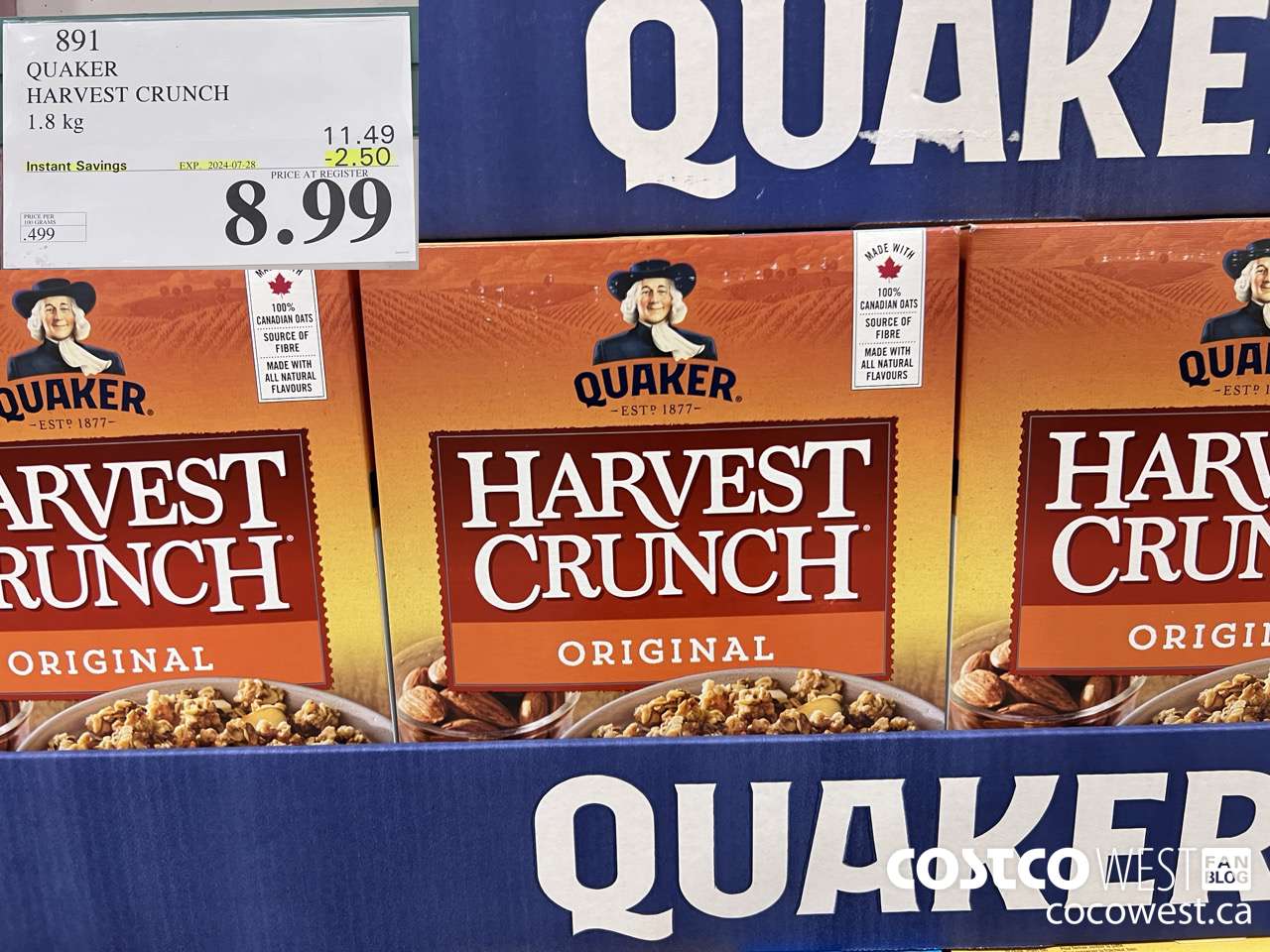 891 QUAKER HARVEST CRUNCH 1.8 KG ($2.50 INSTANT SAVINGS EXPIRES ON 2024-07-28) $8.99