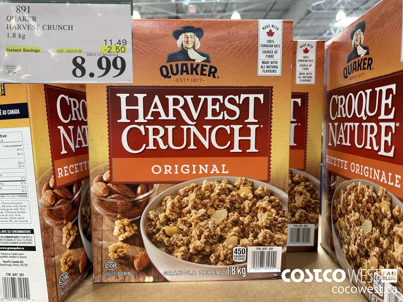 891 QUAKER HARVEST CRUNCH 1.8 KG ($2.50 INSTANT SAVINGS EXPIRES ON 2024-07-28) $8.99