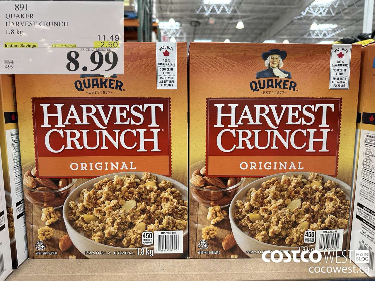 891 QUAKER HARVEST CRUNCH 1.8 KG ($2.50 INSTANT SAVINGS EXPIRES ON 2024-07-28) $8.99