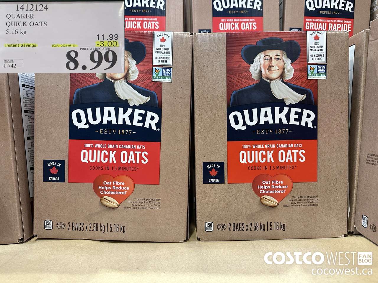 1412124 QUAKER QUICK OATS 5.16 kg ($3.00 INSTANT SAVINGS EXPIRES ON 2024-08-11) $8.99