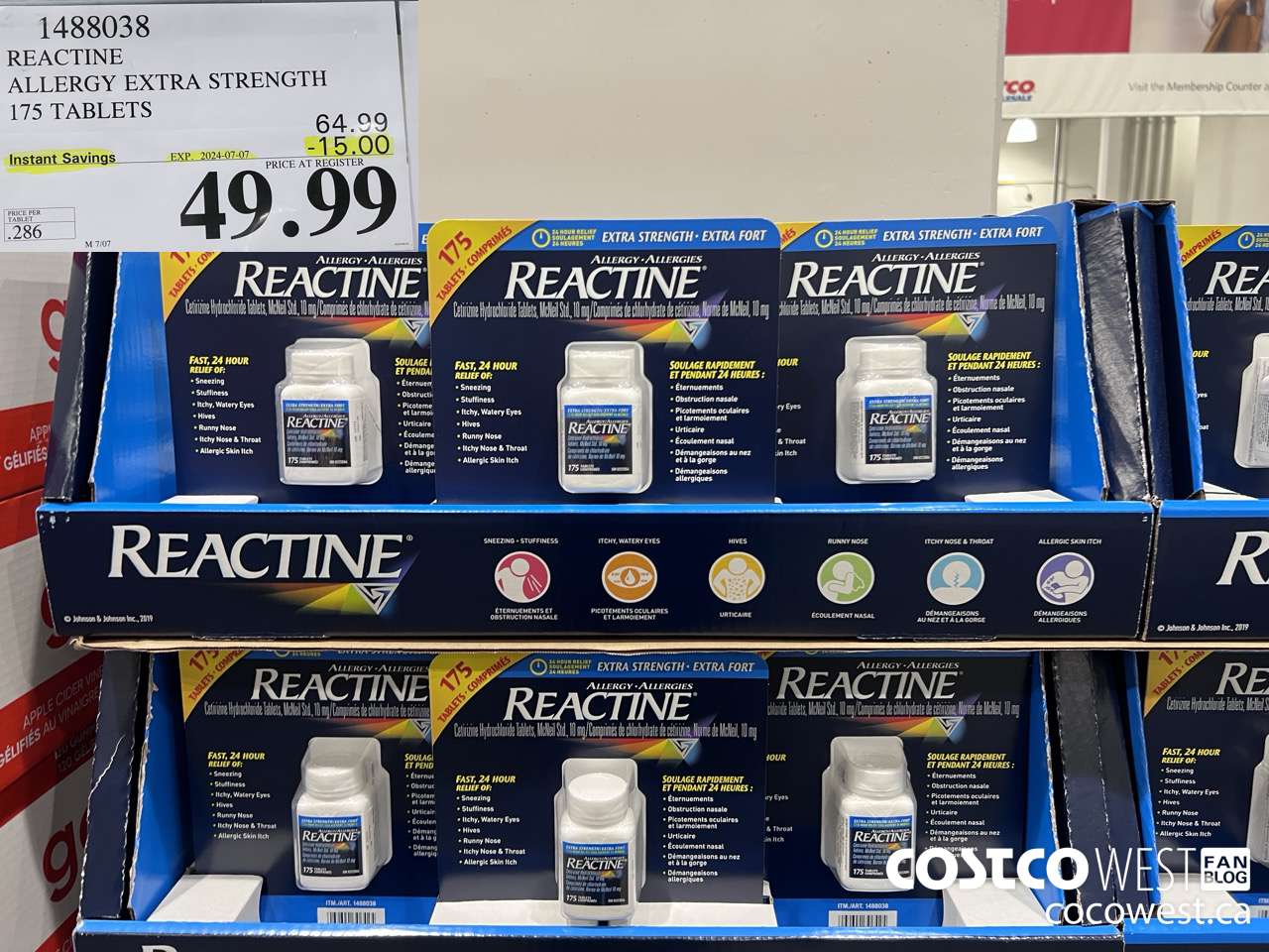 1488038 REACTINE ALLERGY EXTRA STRENGTH 175 TABLETS ($15.00 INSTANT SAVINGS EXPIRES ON 2024-07-07) $49.99