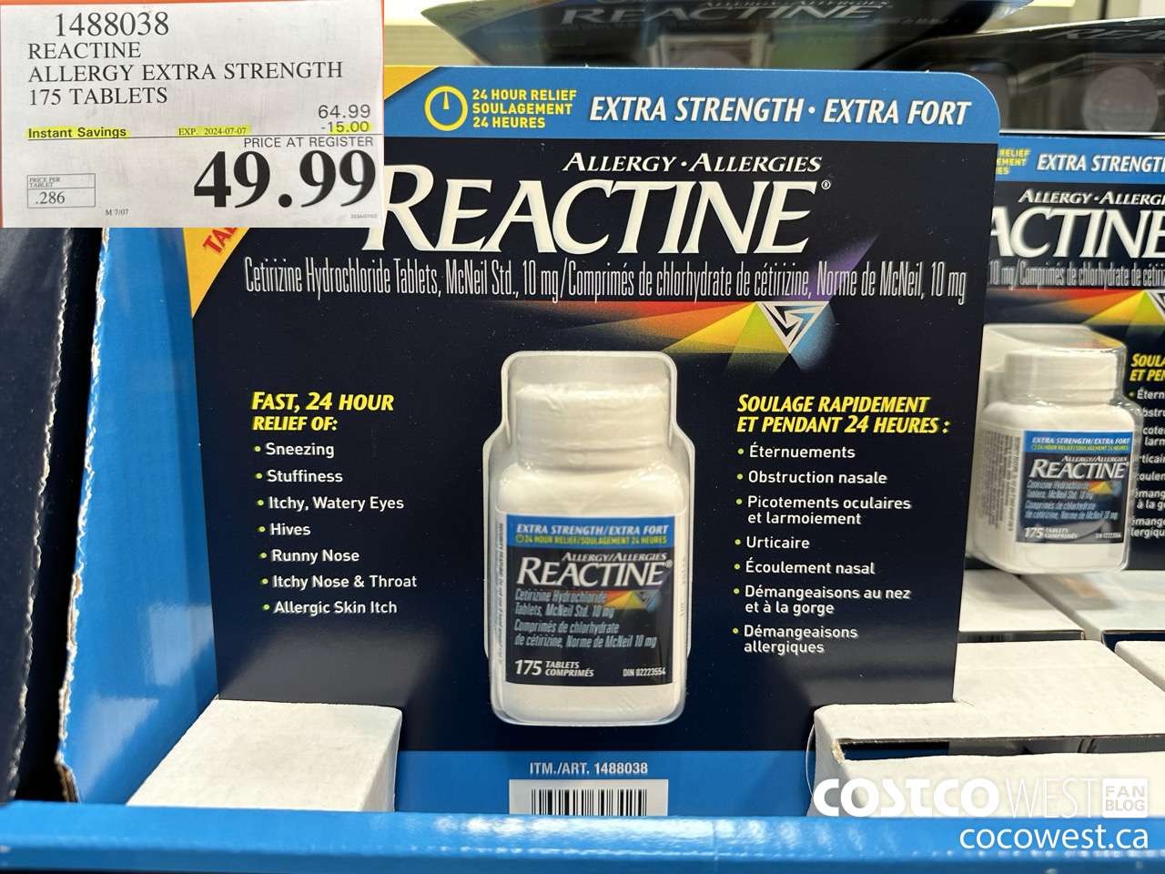 1488038 REACTINE ALLERGY EXTRA STRENGTH 175 TABLETS ($15.00 INSTANT SAVINGS EXPIRES ON 2024-07-07) $49.99
