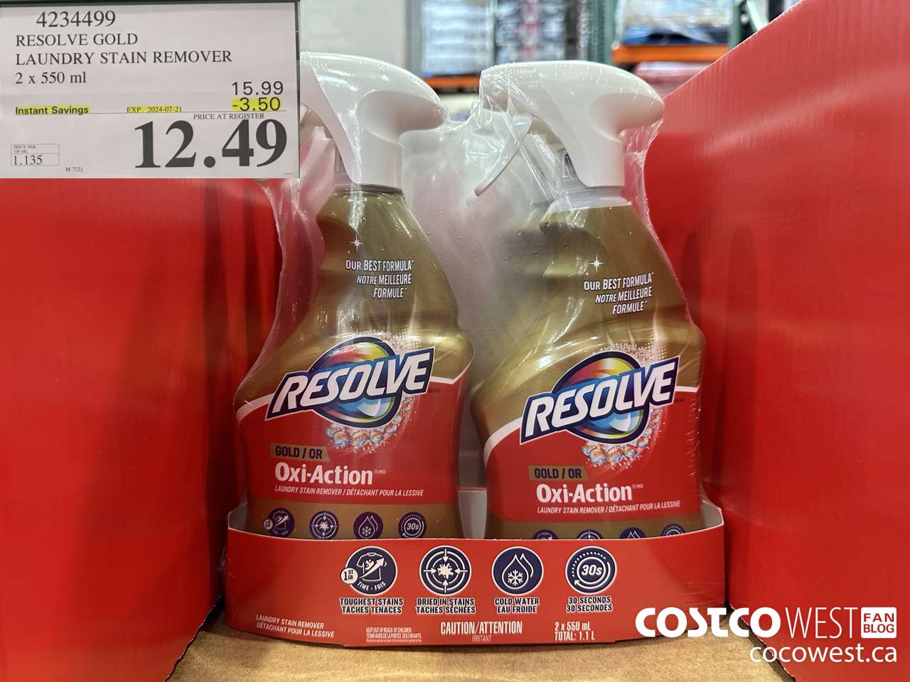 4234499 RESOLVE GOLD LAUNDRY STAIN REMOVER 2 X 550ML ($3.50 INSTANT SAVINGS EXPIRES ON 2024-07-21) $12.49