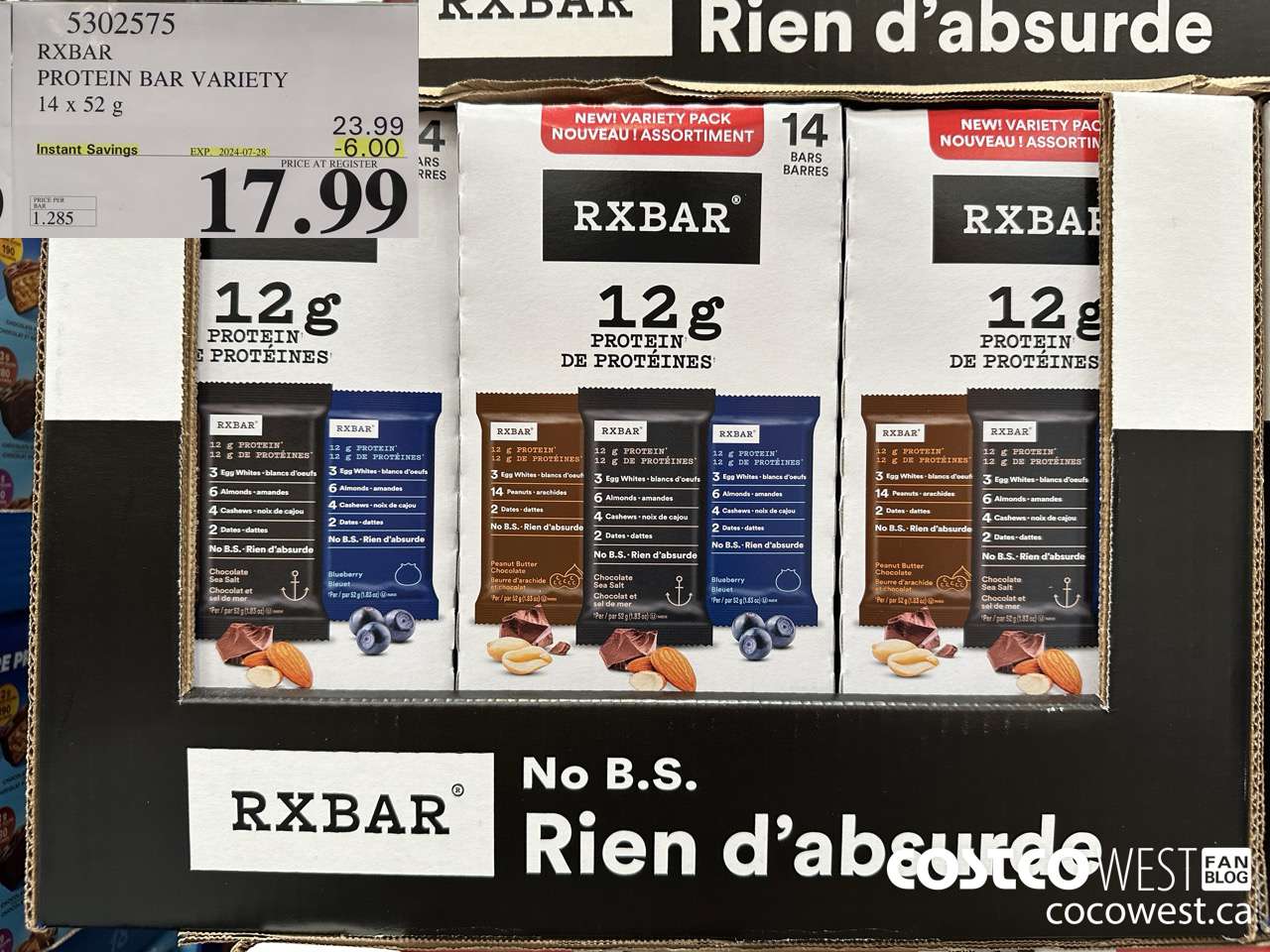 5302575 RXBAR PROTEIN BAR VARIETY 14 X 52G ($6.00 INSTANT SAVINGS EXPIRES ON 2024-07-28) $17.99