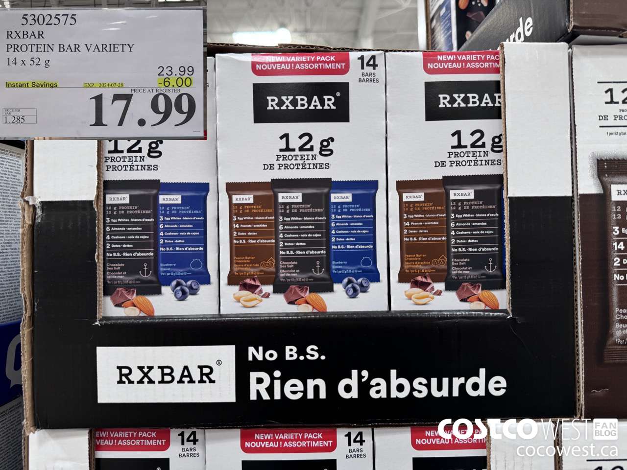 5302575 RXBAR PROTEIN BAR VARIETY 14 X 52G ($6.00 INSTANT SAVINGS EXPIRES ON 2024-07-28) $17.99