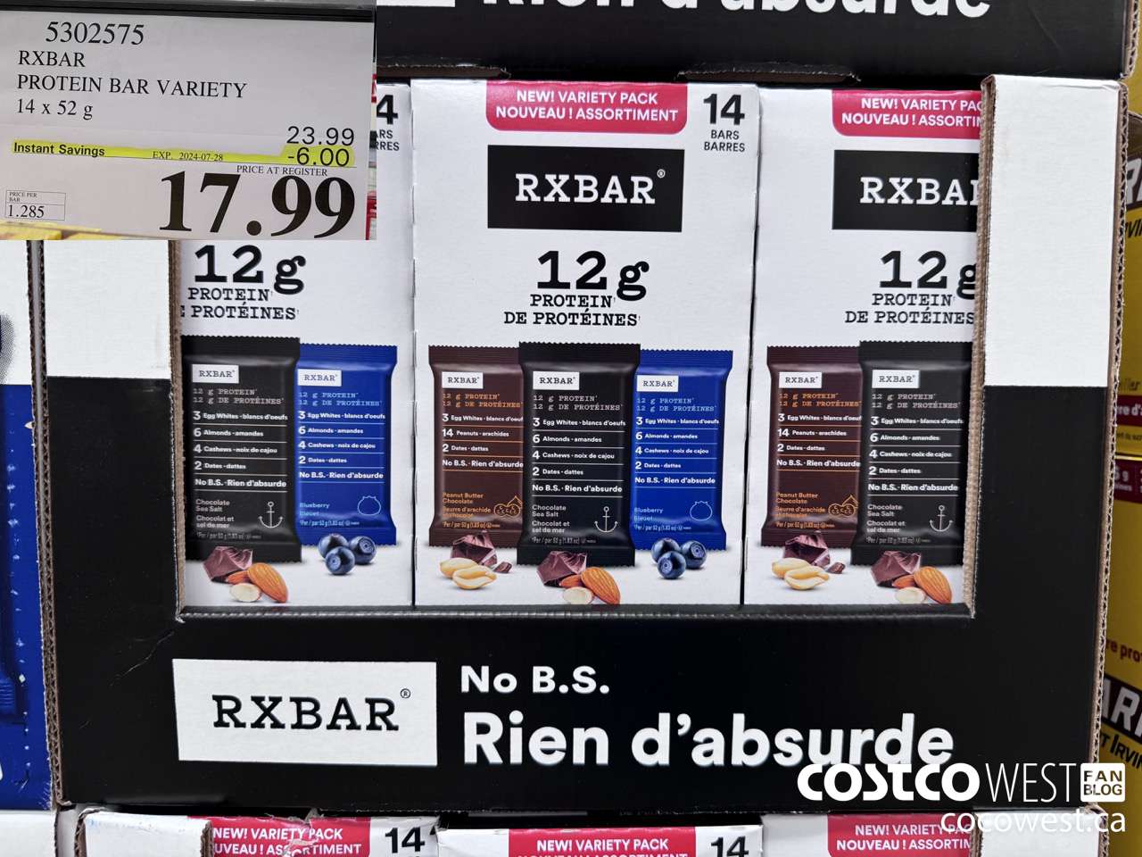 5302575 RXBAR PROTEIN BAR VARIETY 14 X 52G ($6.00 INSTANT SAVINGS EXPIRES ON 2024-07-28) $17.99