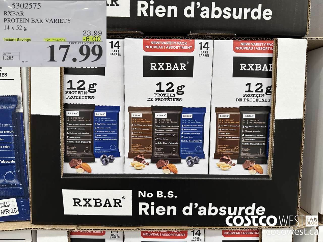 5302575 RXBAR PROTEIN BAR VARIETY 14 X 52G ($6.00 INSTANT SAVINGS EXPIRES ON 2024-07-28) $17.99