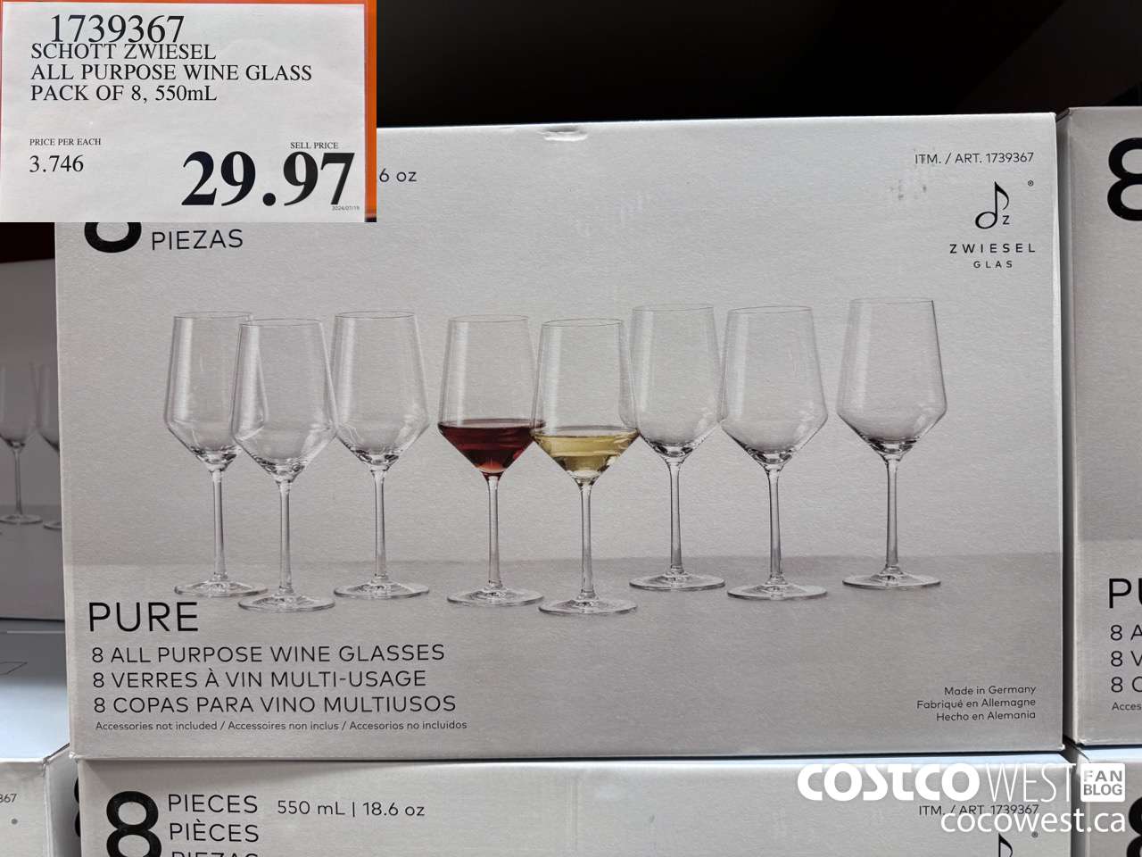 1739367 SCHOTT ZWIESEL ALL PURPOSE WINE GLASS PACK OF 8, 550mL $29.97
