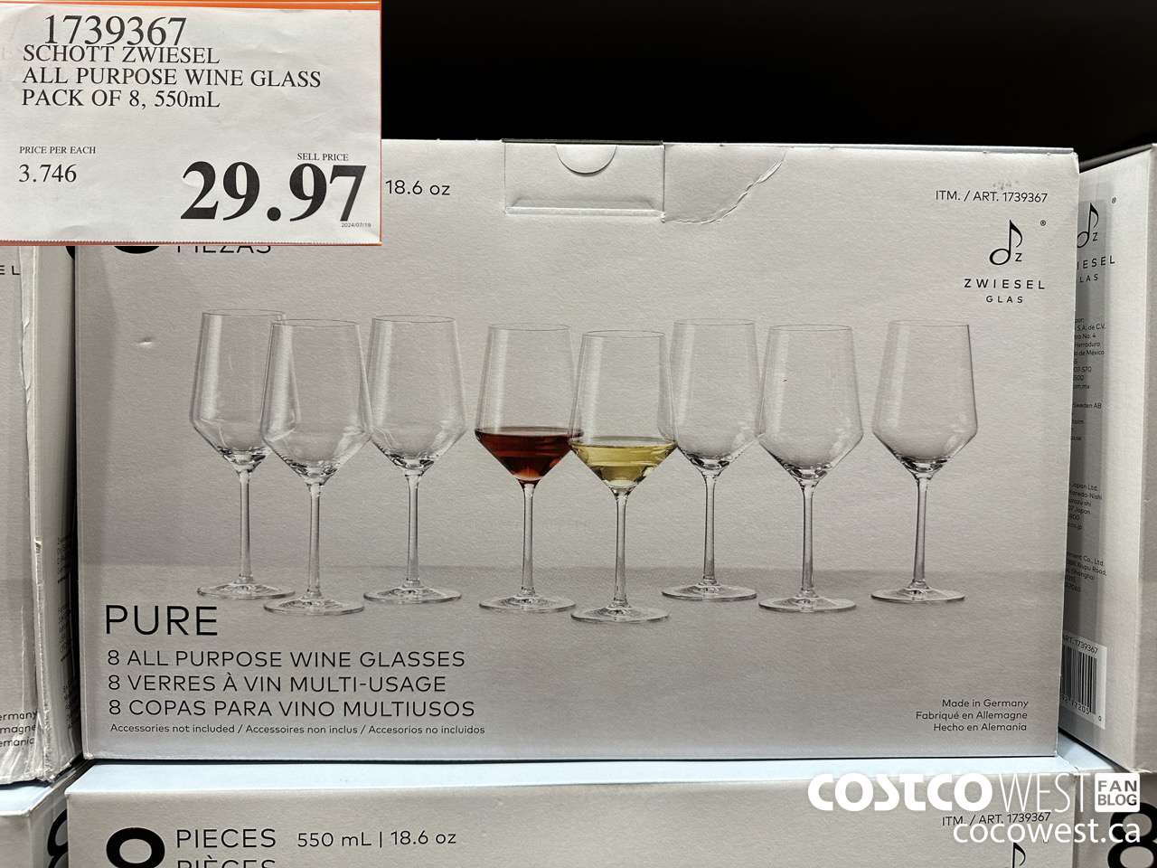 1739367 SCHOTT ZWIESEL ALL PURPOSE WINE GLASS PACK OF 8, 550mL $29.97