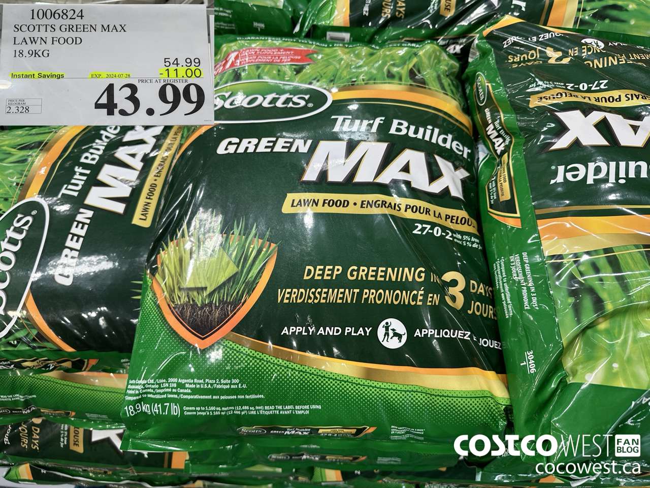 1006824 SCOTTS GREEN MAX LAWN FOOD 18.9KG ($11.00 INSTANT SAVINGS EXPIRES ON 2024-07-28) $43.99