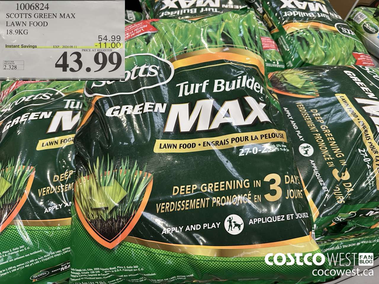1006824 SCOTTS GREEN MAX LAWN FOOD 18.9KG ($11.00 INSTANT SAVINGS EXPIRES ON 2024-08-11) $43.99