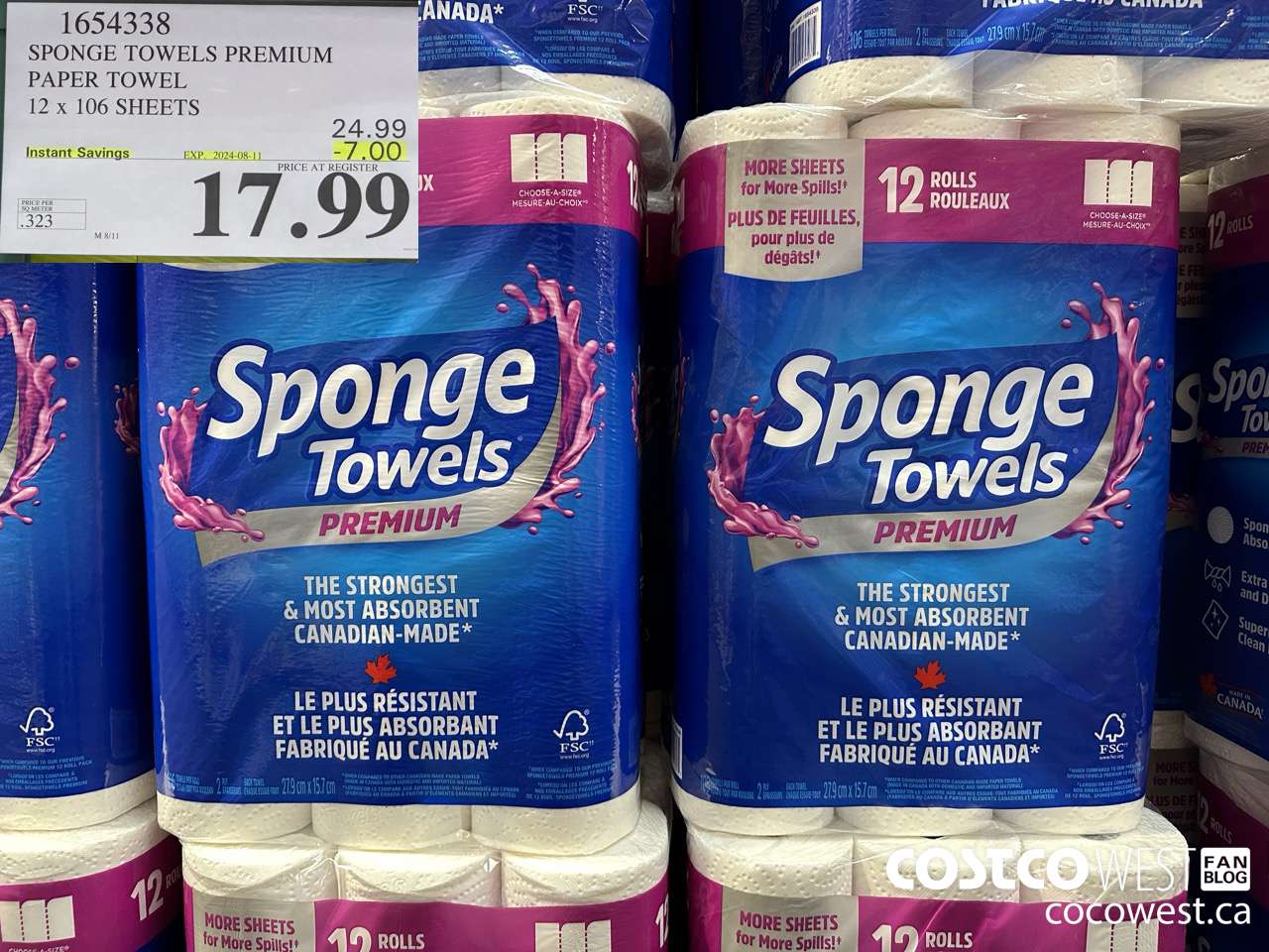 1654338 SPONGE TOWELS PREMIUM PAPER TOWEL 12 X 106 SHEETS ($7.00 INSTANT SAVINGS EXPIRES ON 2024-08-11) $17.99