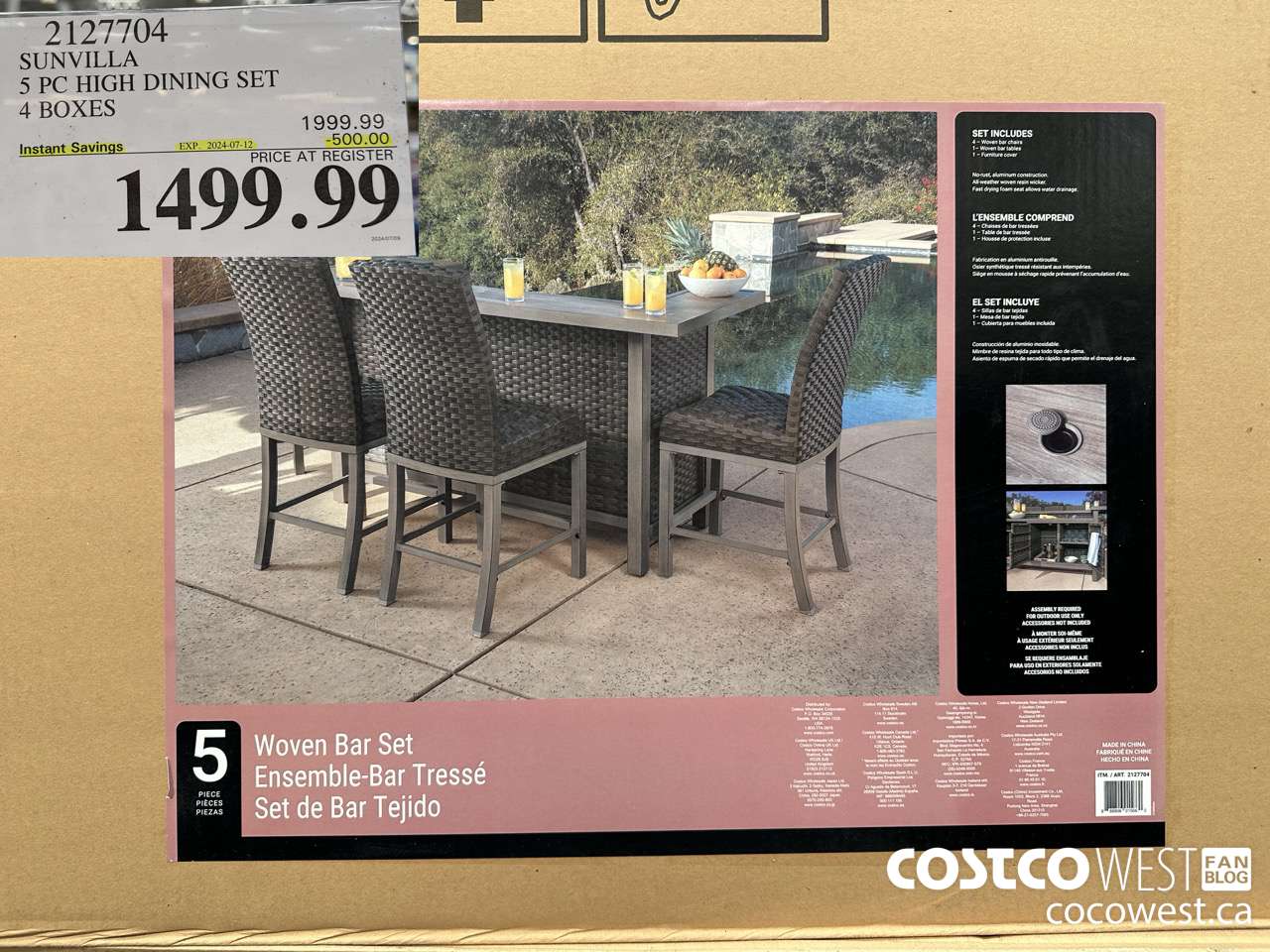 2127704 SUNVILLA 5 PC HIGH DINING SET 4 BOXES ($500.00 INSTANT SAVINGS EXPIRES ON 2024-07-12) $1499.99