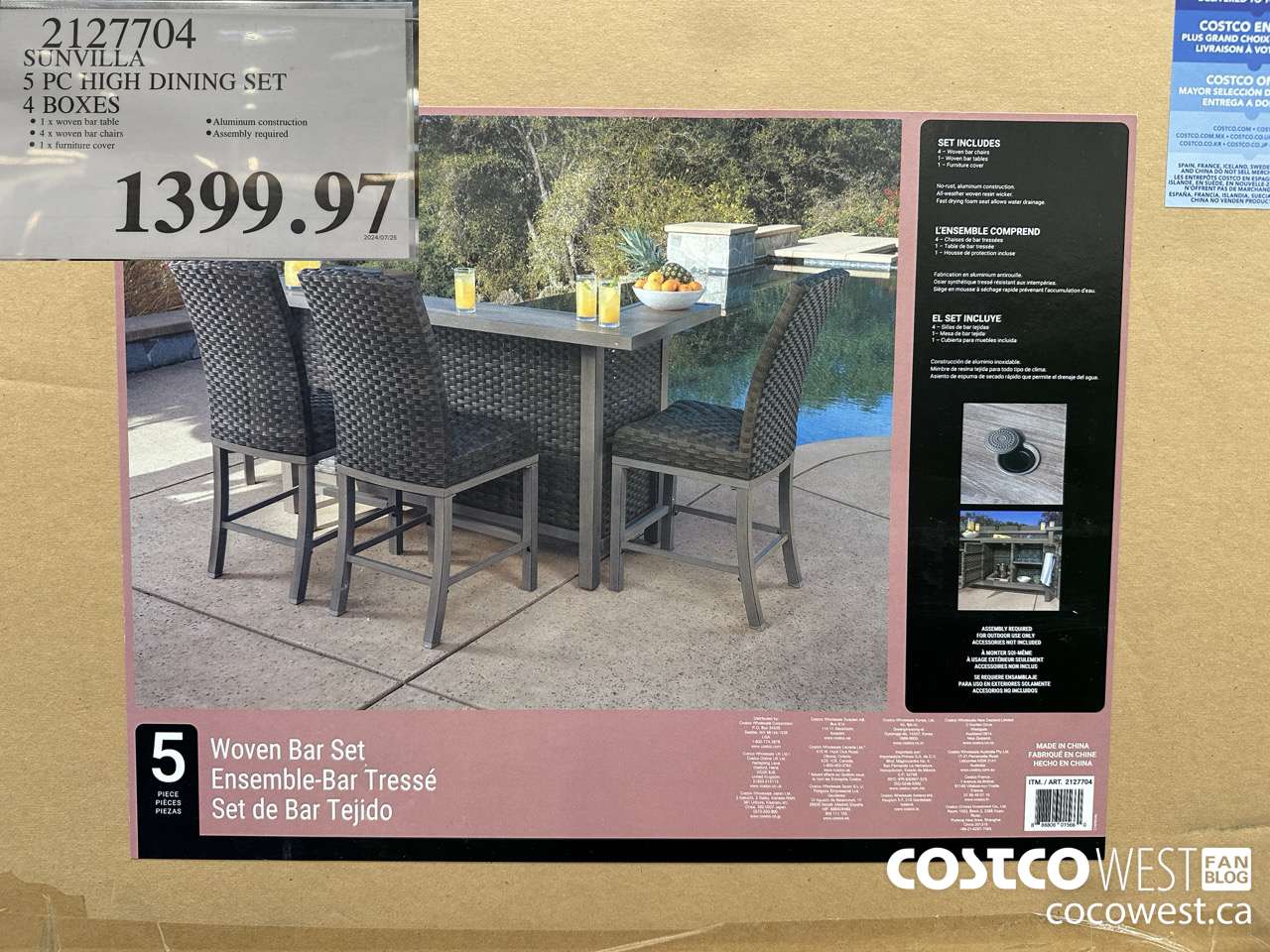 2127704 SUNVILLA 5 PC HIGH DINING SET 4 BOXES $1399.97