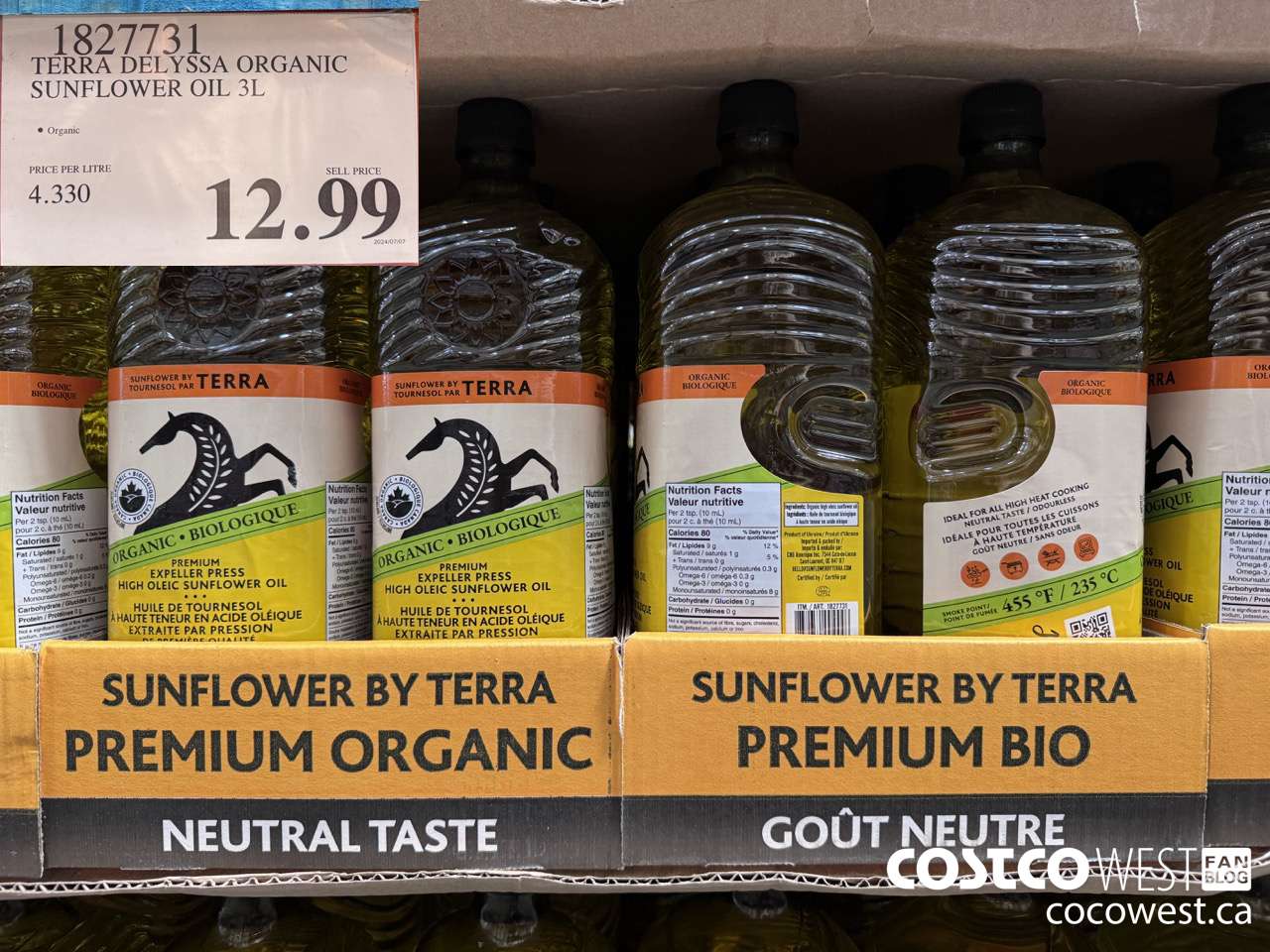 1827731 TERRA DELYSSA ORGANIC SUNFLOWER OIL 3L $12.99