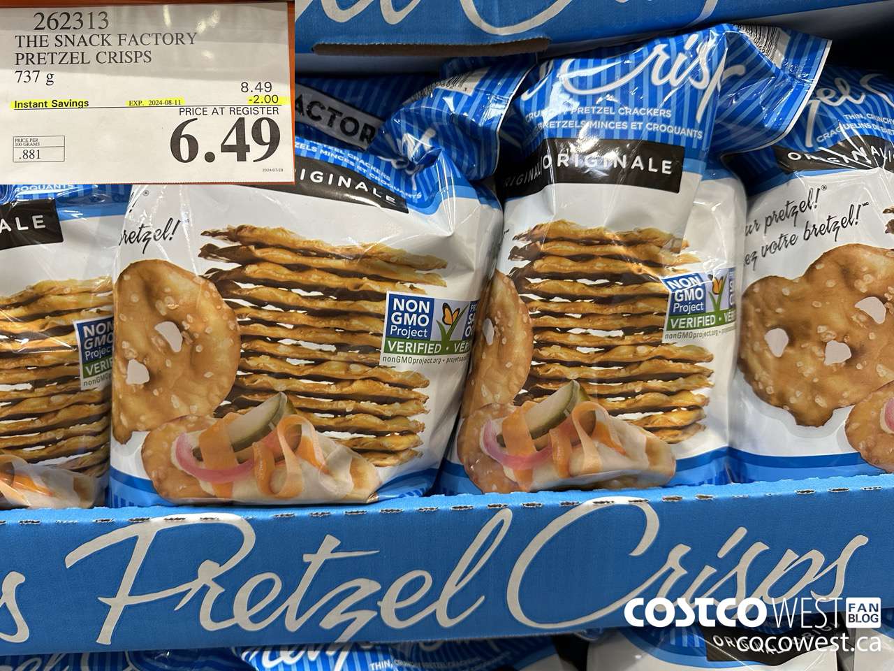 262313 THE SNACK FACTORY PRETZEL CRISPS 737 g ($2.00 INSTANT SAVINGS EXPIRES ON 2024-08-11) $6.49