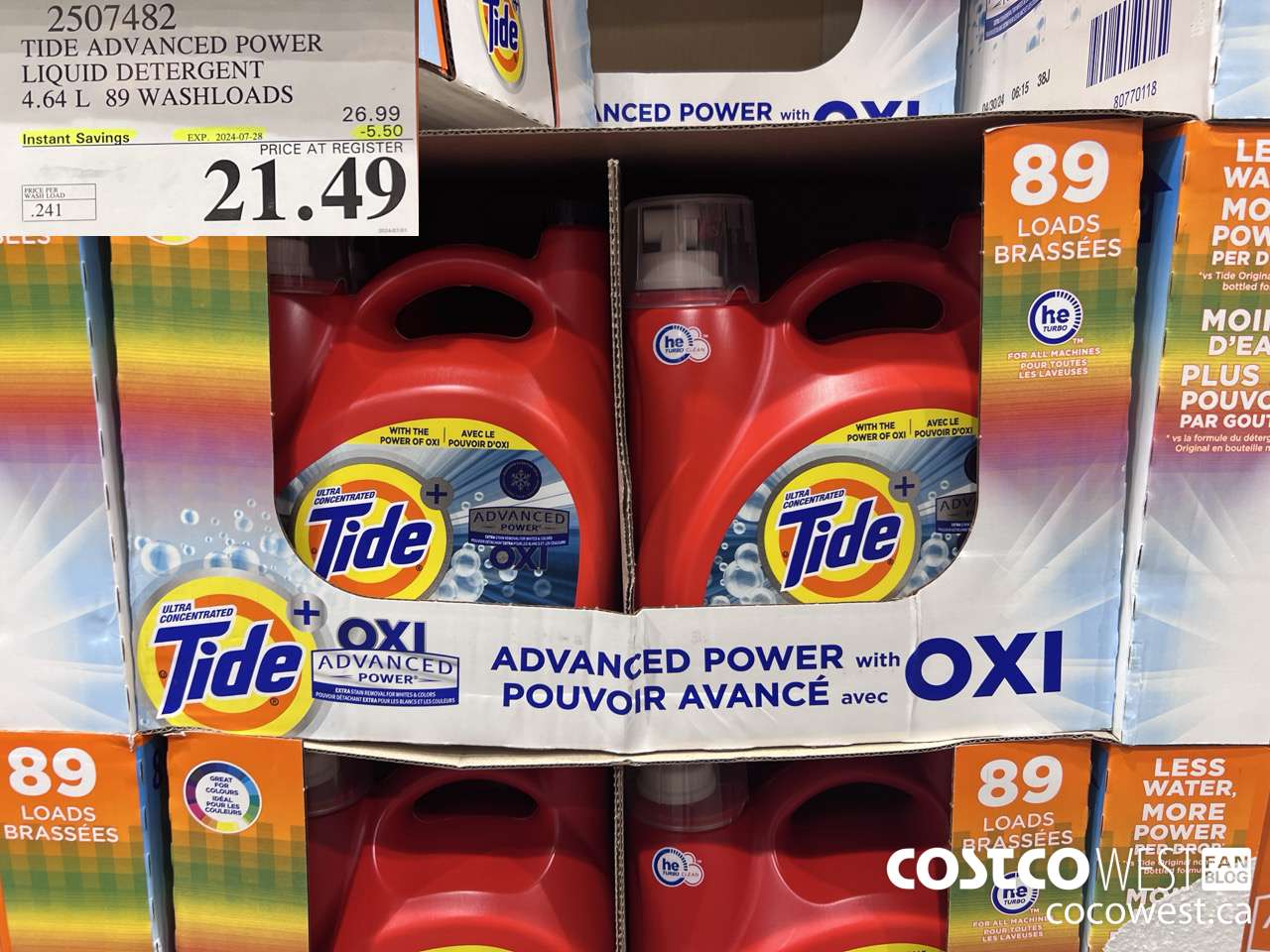 2507482 TIDE ADVANCED POWER LIQUID DETERGENT 4.64 L 89 WASHLOADS ($5.50 INSTANT SAVINGS EXPIRES ON 2024-07-28) $21.49
