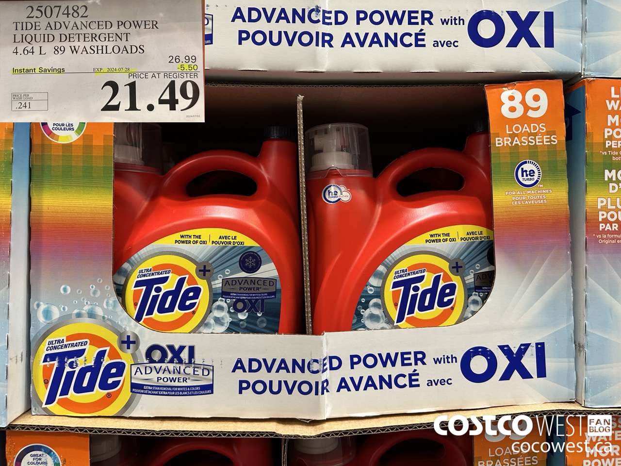2507482 TIDE ADVANCED POWER LIQUID DETERGENT 4.64 L 89 WASHLOADS ($5.50 INSTANT SAVINGS EXPIRES ON 2024-07-28) $21.49
