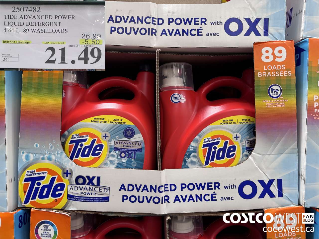 2507482 TIDE ADVANCED POWER LIQUID DETERGENT 4.64 L 89 WASHLOADS ($5.50 INSTANT SAVINGS EXPIRES ON 2024-07-28) $21.49