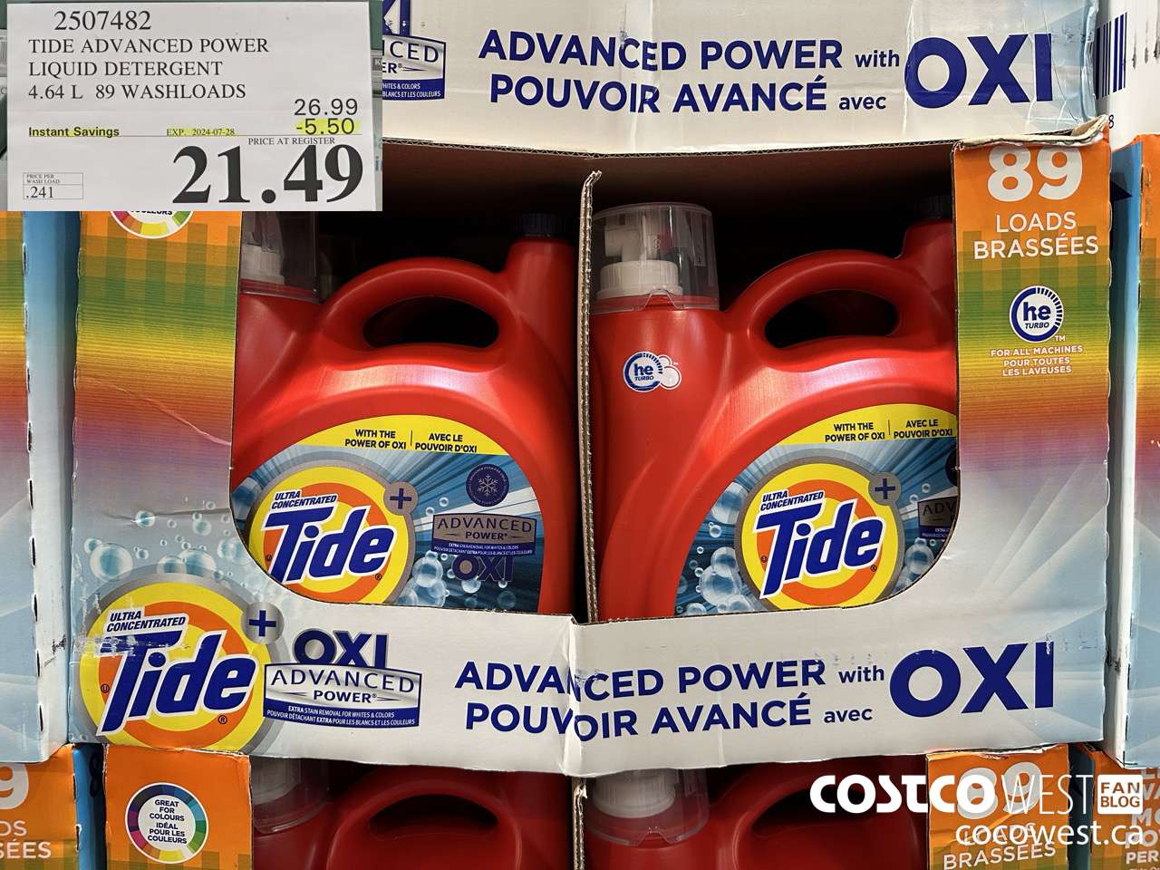 2507482 TIDE ADVANCED POWER LIQUID DETERGENT 4.64 L 89 WASHLOADS ($5.50 INSTANT SAVINGS EXPIRES ON 2024-07-28) $21.49