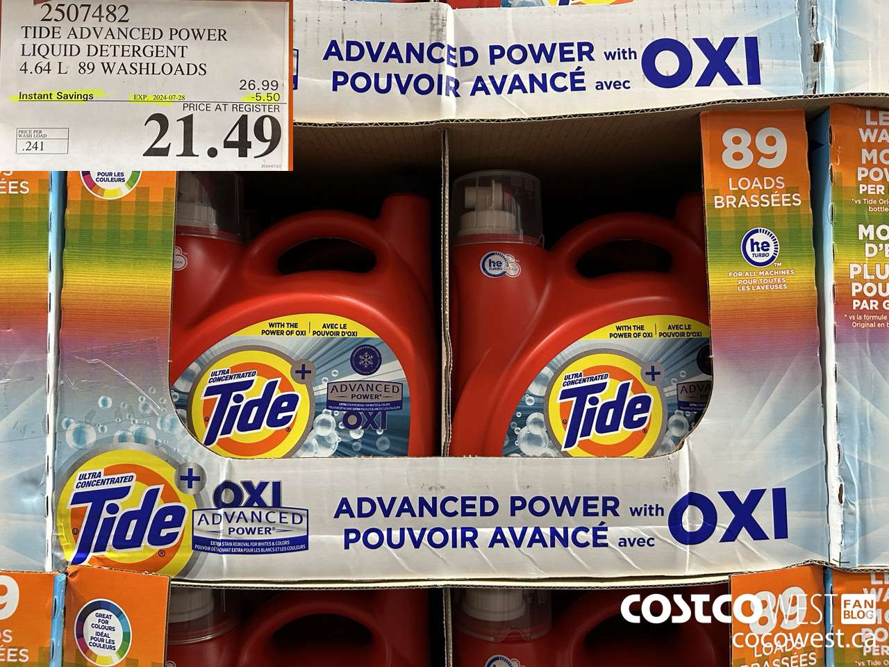 2507482 TIDE ADVANCED POWER LIQUID DETERGENT 4.64 L 89 WASHLOADS ($5.50 INSTANT SAVINGS EXPIRES ON 2024-07-28) $21.49