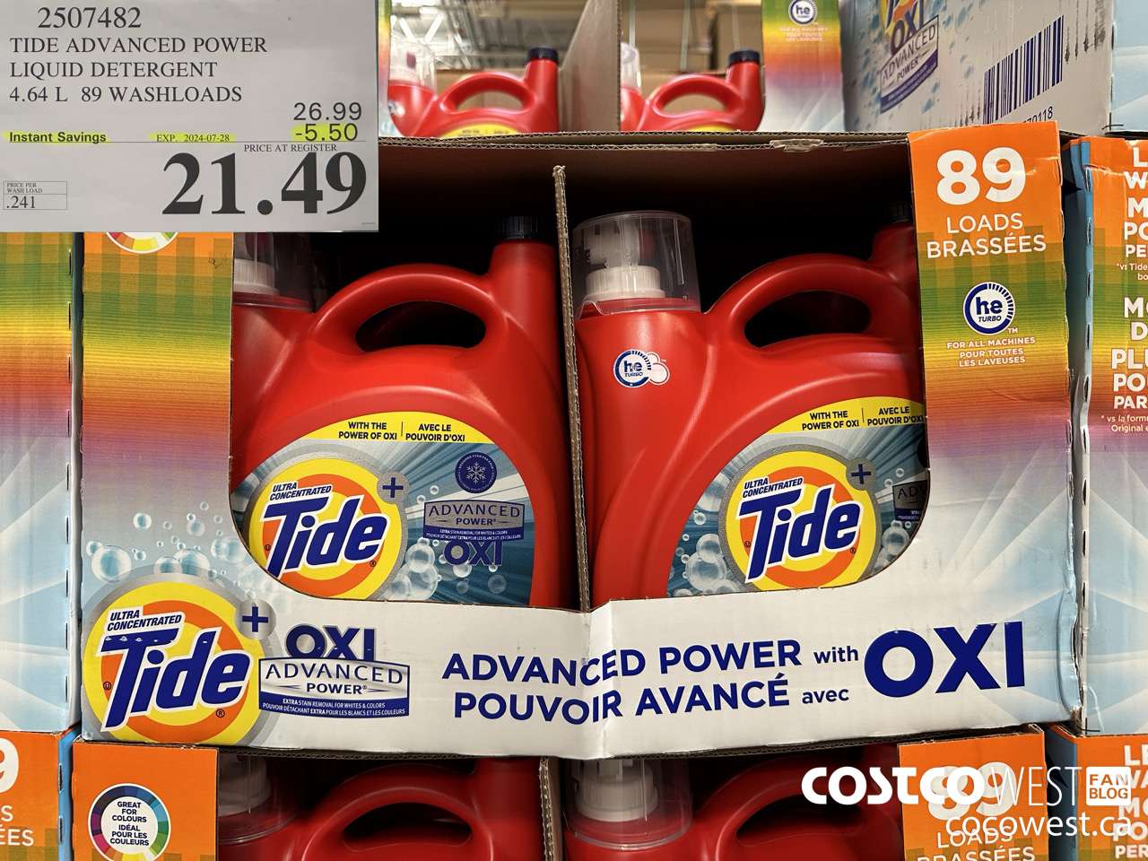 2507482 TIDE ADVANCED POWER LIQUID DETERGENT 4.64 L 89 WASHLOADS ($5.50 INSTANT SAVINGS EXPIRES ON 2024-07-28) $21.49