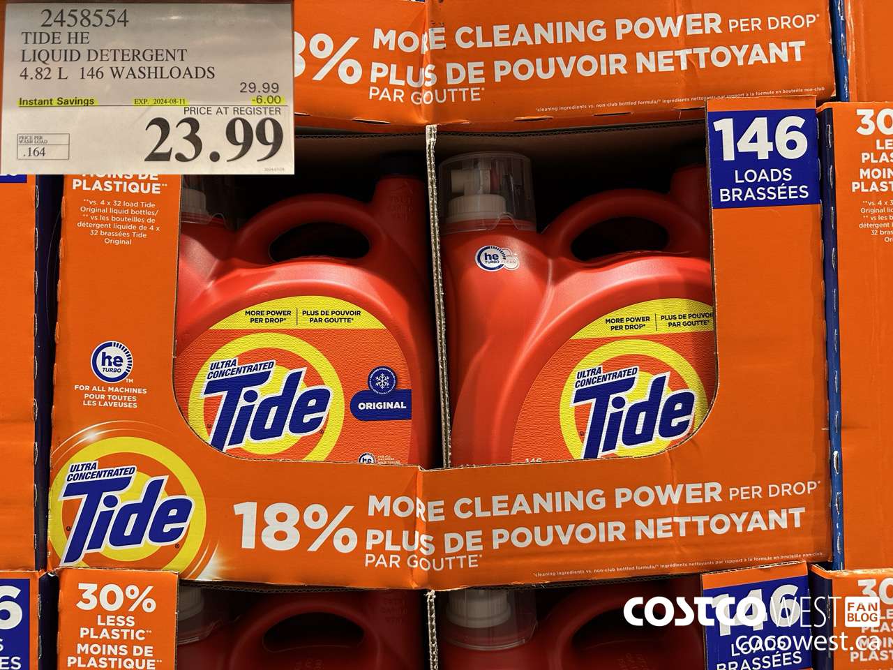 2458554 TIDE HE LIQUID DETERGENT 4.82 L 146 WASHLOADS ($6.00 INSTANT SAVINGS EXPIRES ON 2024-08-11) $23.99