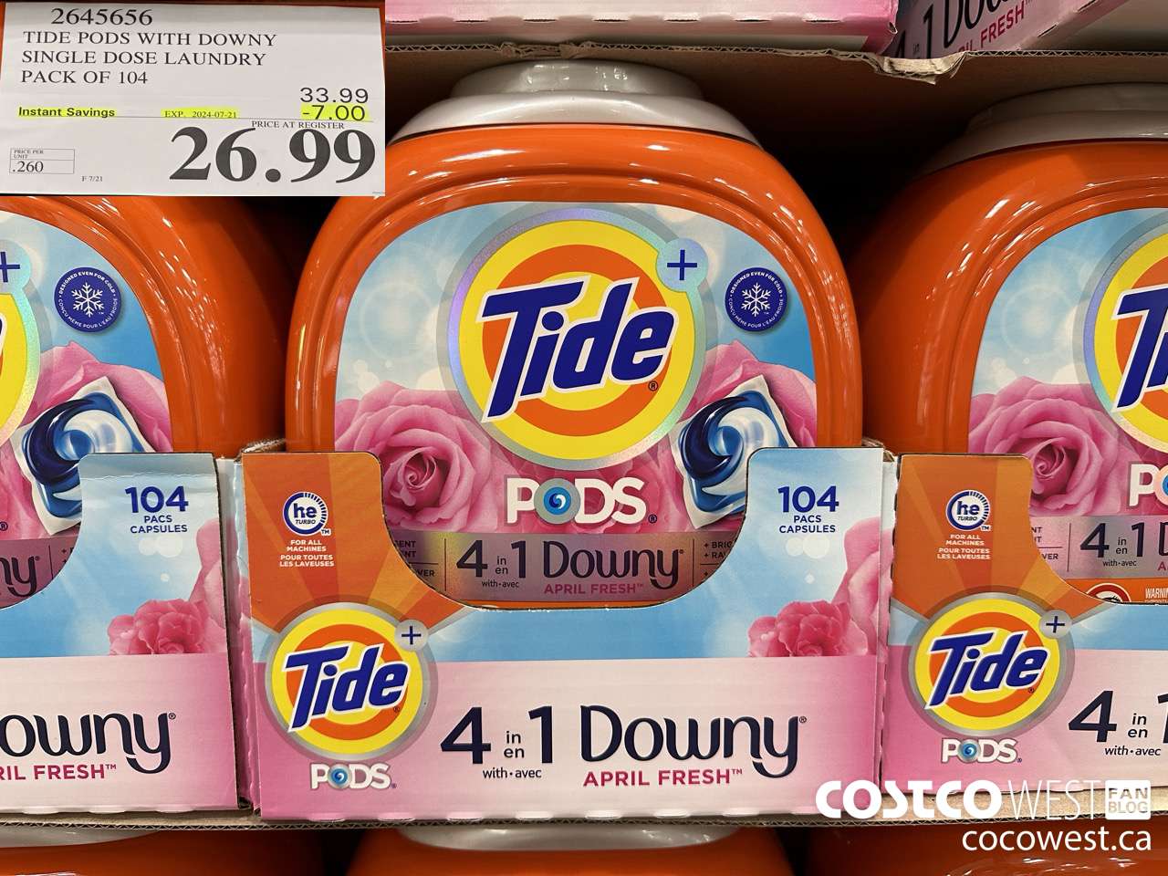 2645656 TIDE PODS WITH DOWNY SINGLE DOSE LAUNDRY PACK OF 104 ($7.00 INSTANT SAVINGS EXPIRES ON 2024-07-21) $26.99