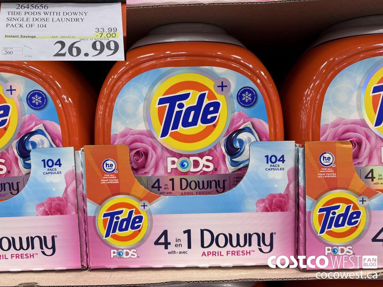 2645656 TIDE PODS WITH DOWNY SINGLE DOSE LAUNDRY PACK OF 104 ($7.00 INSTANT SAVINGS EXPIRES ON 2024-07-21) $26.99
