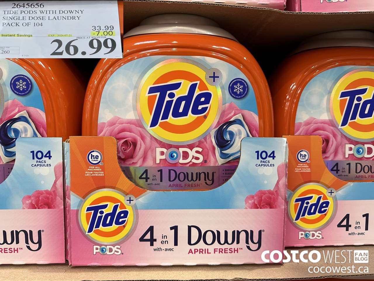 2645656 TIDE PODS WITH DOWNY SINGLE DOSE LAUNDRY PACK OF 104 ($7.00 INSTANT SAVINGS EXPIRES ON 2024-07-21) $26.99