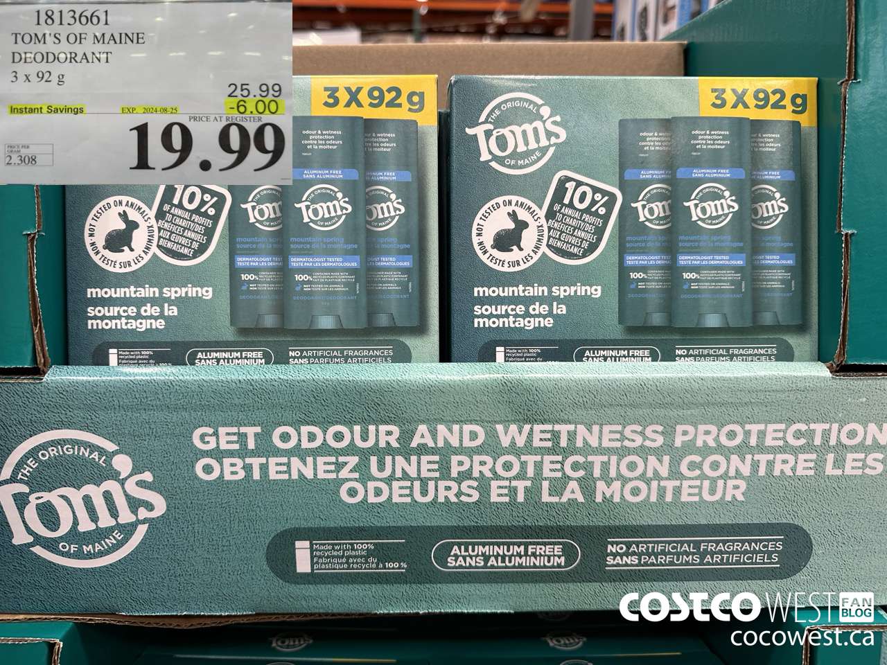 1813661 TOM'S OF MAINE DEODORANT 3 X 92G ($6.00 INSTANT SAVINGS EXPIRES ON 2024-08-25) $19.99