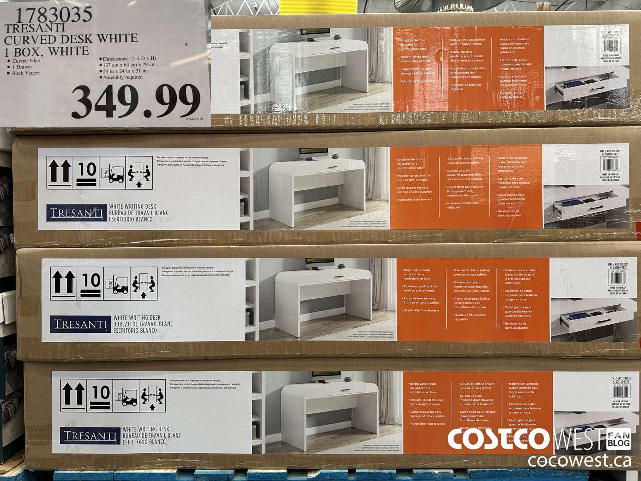 1783035 TRESANTI CURVED DESK WHITE 1 BOX, WHITE $349.99