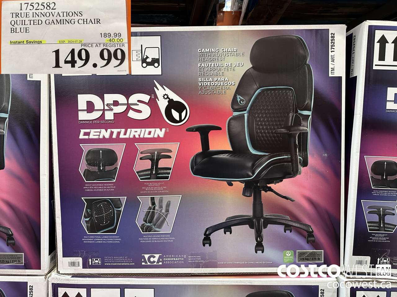 1752582 TRUE INNOVATIONS QUILTED GAMING CHAIR BLUE ($40.00 INSTANT SAVINGS EXPIRES ON 2024-07-28) $149.99