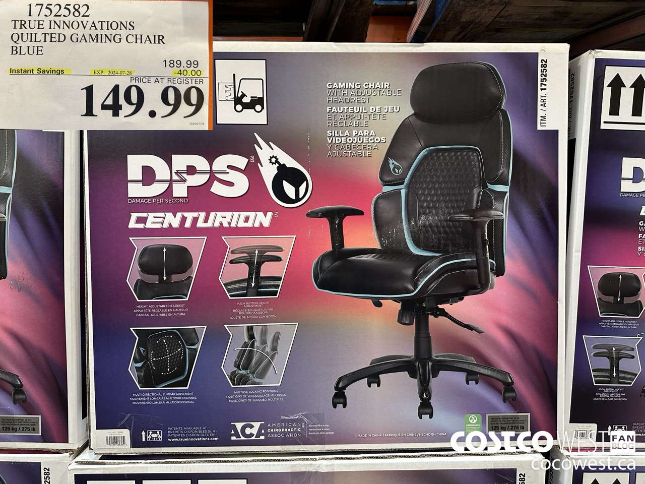 1752582 TRUE INNOVATIONS QUILTED GAMING CHAIR BLUE ($40.00 INSTANT SAVINGS EXPIRES ON 2024-07-28) $149.99