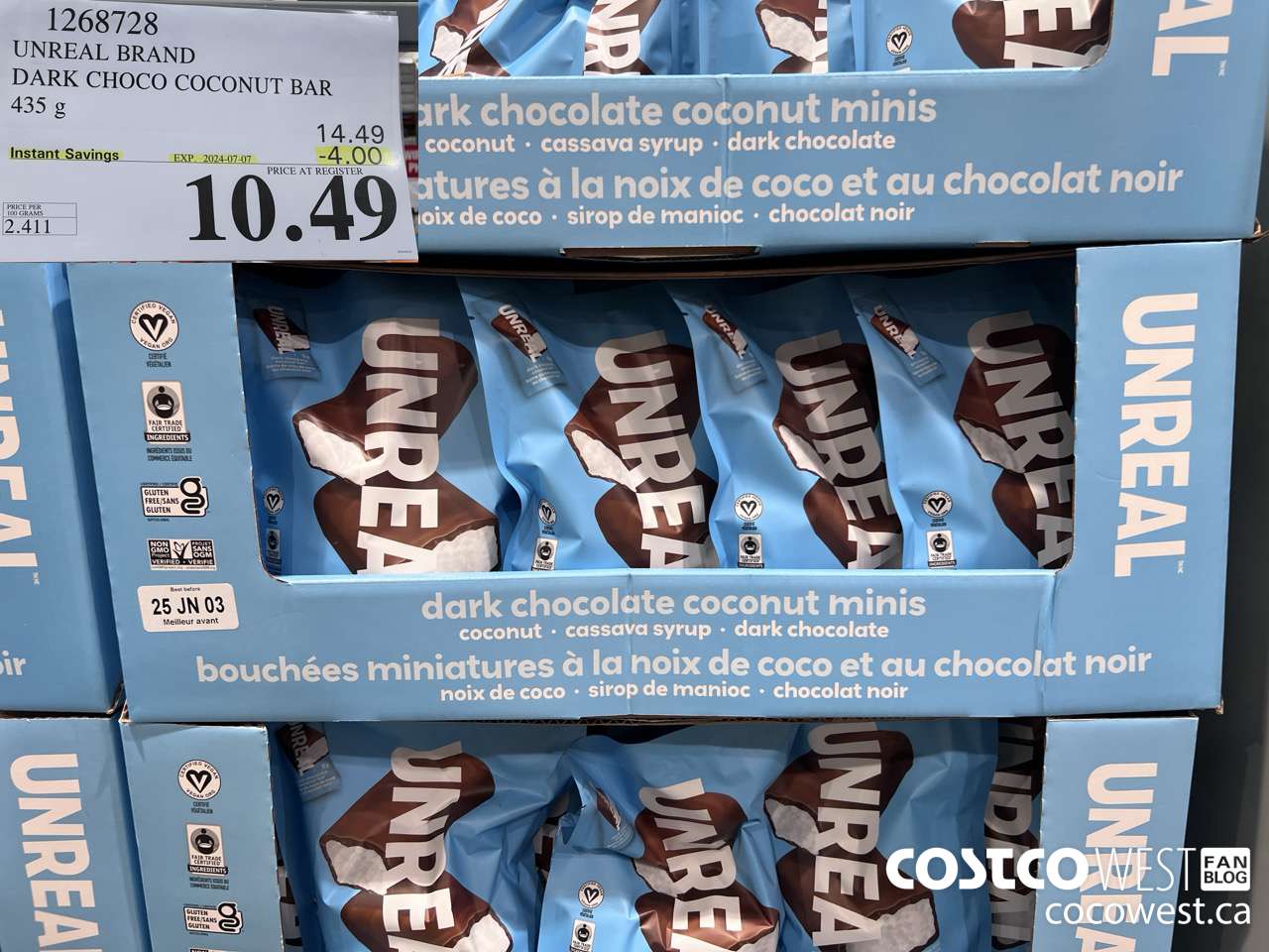 1268728 UNREAL DARK CHOCOLATE COCONUT BAR 435 G ($4.00 INSTANT SAVINGS EXPIRES ON 2024-07-07) $10.49