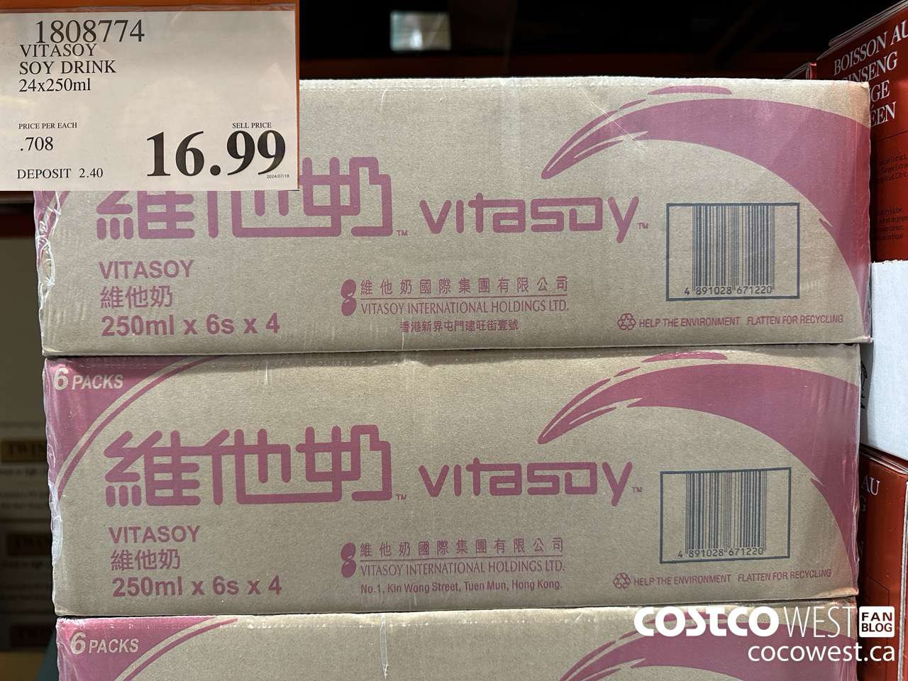 1808774 VITASOY SOY DRINK 24 X 250 ML $16.99