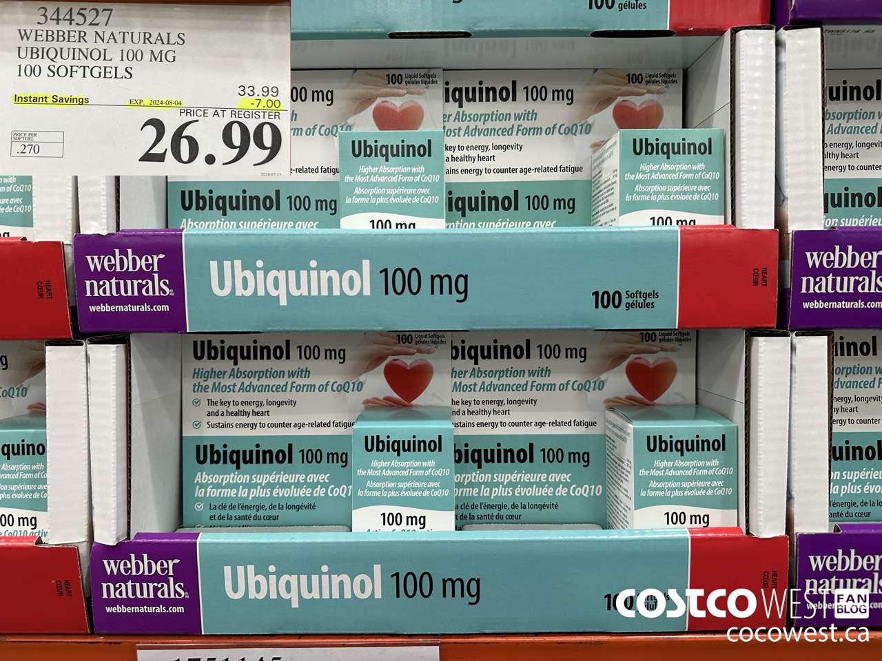 344527 WEBBER NATURALS UBIQUINOL 100 MG 100 SOFTGELS ($7.00 INSTANT SAVINGS EXPIRES ON 2024-08-04) $26.99